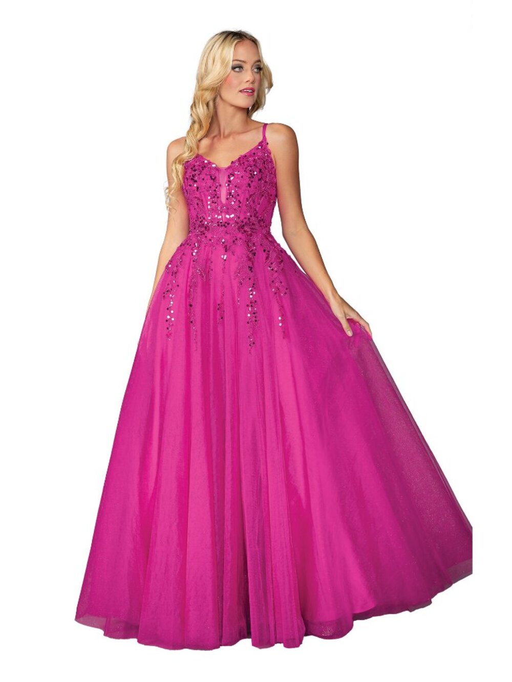 NEW FUCHSIA Tulle & Beaded Prom Gown Floor Length Embellished 4437